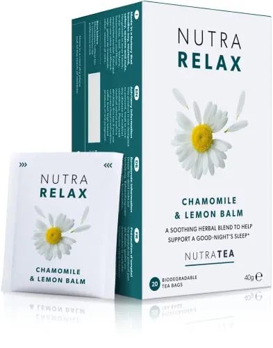 Nutra Tea NUTRARELAX, Schlaftee fördert den Einschlafvorgang, Entspannungs Tee für ein geistiges & körperliches Wohlbefinden, 20 wiederverwendbare Teebeutel, Nerventee mit Kamille & Zitronenmelisse