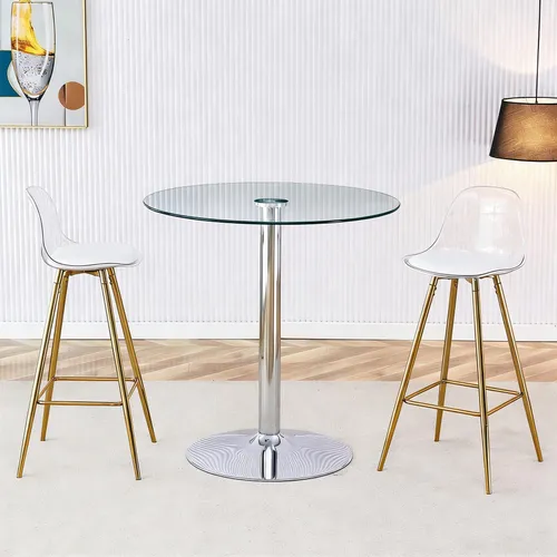 STILVORA Glastisch mit 89 cm Durchmesser und Barhocker-Set - Gold - Modernes 3-teiliges Set mit rundem Glastisch und 2 ergonomischen Barhockern. Der transparente Tisch schafft Raumgefühl und lässt sich leicht reinigen, ideal für Essbereich, Küche oder Lounge.