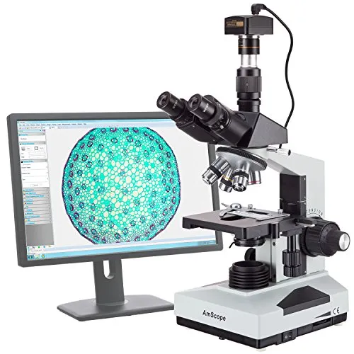 AmScope T490B-5M Trinokulares Biologisches Verbundmikroskop mit 5MP USB-Digitalkamera, 40X-2000X, 12