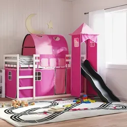 vidaXL Etagenbett mit Rutsche und Gardinen Rosa 90x200 cm - Klassische Betten für Kinder, mit einer Rutsche und Vorhängen für einen geheimen Rückzugsort. Sicherheit durch Rausfallschutz und robustes Kiefernholz sorgt für unbeschwerten Schlaf und Spielspaß.