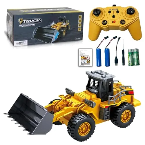 LioMaxi 9 K 1:16 4 Räder Bulldozer ferngesteuertes Spielzeug mit Licht und Sound, Metallschaufel, kabellose Fernbedienung, Front-Ladegerät mit Fernbedienung, für Geschenke für Kinder