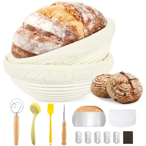 Votoko Brot Gärkorb Set, Gärkörbchen zum Brotbacken, 2 x 23cm Runde Brotkörbchen aus Natürlichem Rattan, inkl Schneebesen, Teigschaber, Silikonpinsel, Bäckermesser, für Heim-und Professionelle