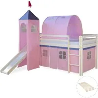 Homestyle4u Hochbett Kinderbett Weiß Rosa mit Rutsche und Vorhang - Massivholz Hochbett mit abnehmbaren Vorhang, Rutsche, Tunnel und Turm. Perfekt für kreative Spielstunden und sicheres Schlafen.