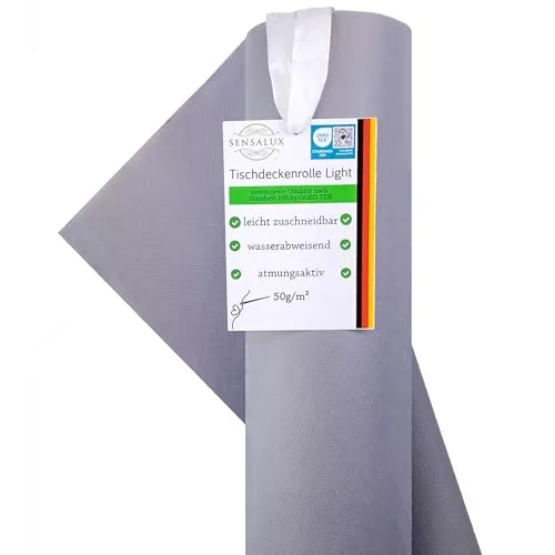 Sensalux Light Tischdeckenrolle, Oeko-TEX ® 100 - Made in Germany - 25m lang (Farbe nach Wahl), 1,10m x 25m, grau, stoffähnliches Vlies, ideal für Jede Party, Vereinsfeier, Geburtstagsfeier
