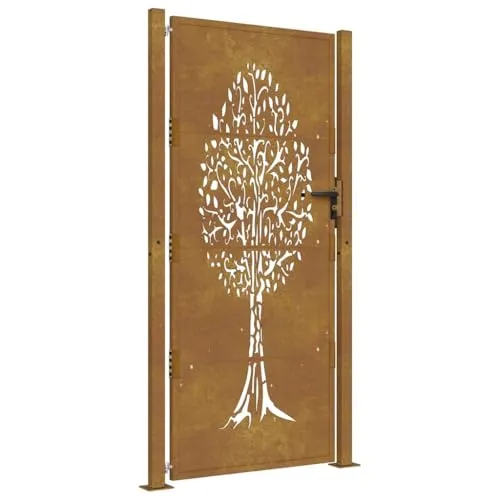 vidaXL Gartentor mit Baum-Design, 105x205 cm - Flügeltor aus Cortenstahl mit lasergeschnittenem Baum-Design, abschließbar für zusätzliche Sicherheit und einfach zu montieren – perfekt für Garten oder Terrasse.