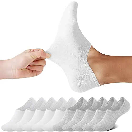 FALARY Sneaker Socken Damen Füßlinge Damen Herren Footies Unsichtbare Kurze 10 Paar Sneaker Socken Großes Silikonpad Verhindert Verrutschen_Weiß-Grau_35-38