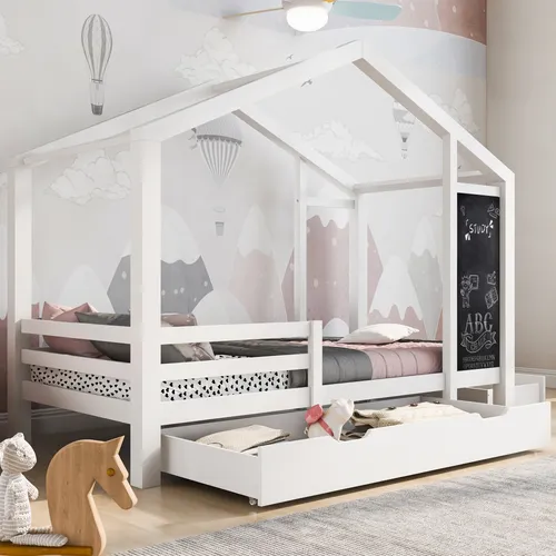 Flieks Hausbett Kinderbett 90x200cm - Massivholzbett mit Tafel und Schubladen - Kinderzimmermöbel aus hochwertigem Kiefernholz, sicherer Schlafplatz mit Schutz vor Stürzen und kreativer Tafel für das Zeichnen und Malen.