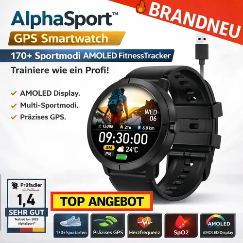 AlphaSport™ Smartwatch GPS mit 170+ Sportmodi