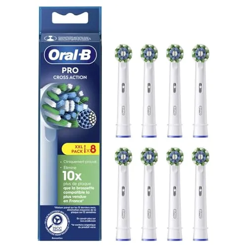 Oral-B Pro Cross Action Aufsteckbürsten, 8 Stück - Ersatzzahnbürsten mit X-förmigen Filamenten für bis zu 100% mehr Plaque-Entfernung und gesünderes Zahnfleisch. Kompatibel mit allen wiederaufladbaren Oral-B Zahnbürsten.