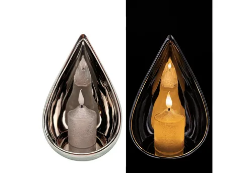 Online-Fuchs Windlicht - Kerzenhalter Tropfen mit LED-Kerze und 6-Stunden Timer (Schwarz, Gold oder Taubenblau, Silber, Kerze mit realistischer Flamme), glänzende Spiegeloptik