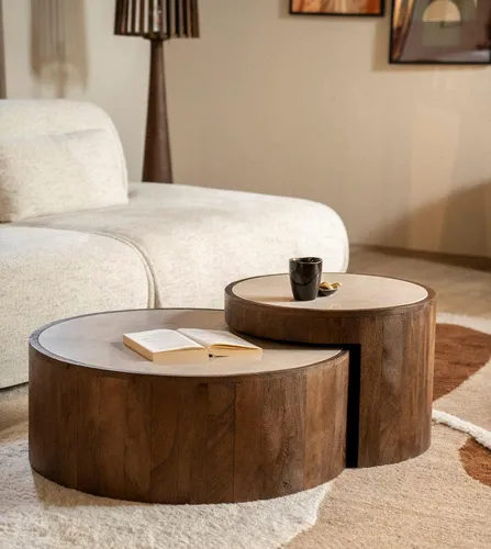 Couchtisch Florenz 2er Set rund aus Mangoholz und Marmor von leven lifestyle