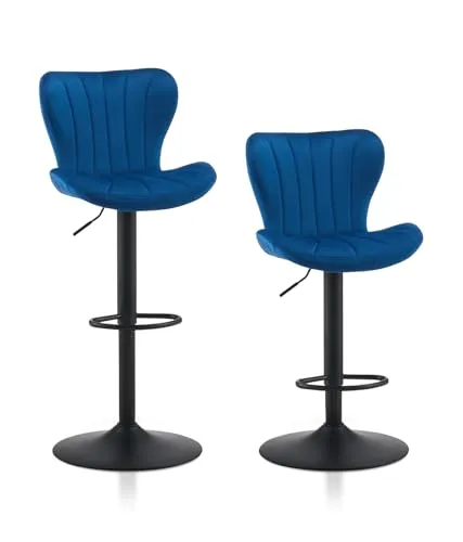 TUKAILAI Barhocker 2er Set Samt, Barstuhl Höhenverstellbar，360°Drehbar, Hocker mit lehne,fußstütze,metallrahmen, Moderner Schalenform Küchenhocker Tresenhocker für Küche Bars, Blau