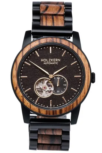 Holzkern Automatikuhr San Francisco Zebrano/Ahorn - Stylische Armbanduhr für Männer mit mechanischem Uhrwerk und 42 Stunden Gangreserve. Zifferblatt aus Ahornholz und Gehäuse aus mattiertem Edelstahl. Inklusive Werkzeug zur Bandanpassung.