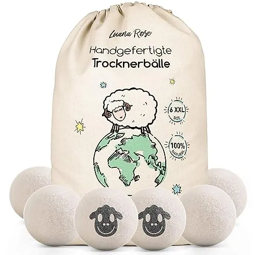 Luana Rose Trocknerbälle für Wäschetrockner -100% Schafwolle, Öko-Freundlicher Weichspüler, Sparen Sie Zeit & Energie- Perfekt Trockenball für Daunen - Tennisbälle zum Waschen -Set 6 Stkv