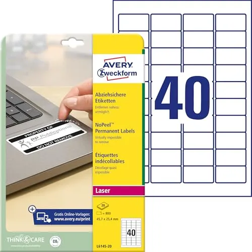AVERY Zweckform L6145-20 Abziehsichere Folienetiketten (800 Aufkleber, 45,7x25,4mm auf A4, extrem stark selbstklebend, manipulationssicher, wasserfest, bedruckbare Klebefolie) 20 Blatt, weiß