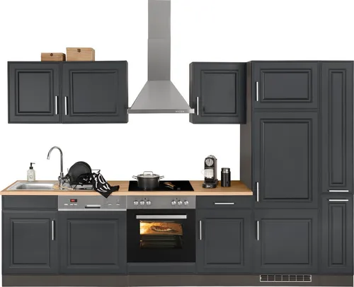 KOCHSTATION Küchenzeile KS-Stockholm – Küche mit hochwertiger und detailreicher Landhausfront, Breite 310 cm, wahlweise mit E-Geräten,mit MDF-Fronten