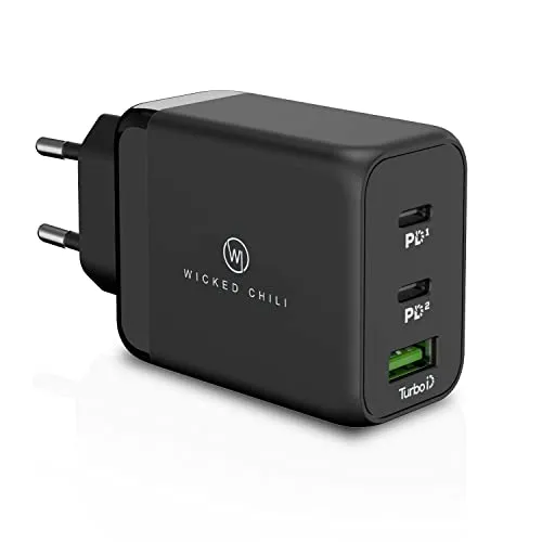 Wicked Chili 65W USB-C GaN Ladegerät - 3-Port USB-Ladegerät für ultraflottes Laden von Laptop, Smartphone & Tablet. Kompakt, leicht und ideal für unterwegs mit bis zu 3x schnellerer Ladeleistung.