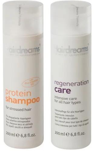 Hairdreams Haarpflege-Set Protein Shampoo + Regeneration Care 2-tlg. - Shampoos für strapaziertes Haar, speziell für Echthaarverlängerungen. Pflegt intensiv, spendet Feuchtigkeit und verbessert die Haarstruktur mit Pro Vitamin B5.