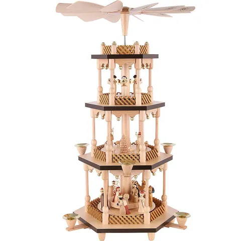 Richard Glässer 01373 Pyramide - Weihnachtspyramide aus Holz - 3-stöckige naturfarbene Pyramide mit dem Motiv der Christi Geburt, ideal für festliche Dekoration und authentische Erzgebirgsatmosphäre.
