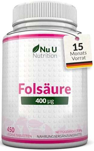 Folsäure 400 µg – 450 vegane Mikrotabletten – Vorrat für 15 Monate – Vitamin B9 Folsäure für Schwangere – Nahrungsergänzungsmittel für die Schwangerschaft – Nu U Nutrition