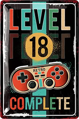 LANOLU Retro Blechschild 18 Schild Geburtstag -LEVEL 18 COMPLETE- Deko 18 Geburtstag Mann, 18 Geburtstag Deko für Gamer, Metallschild 20x30cm