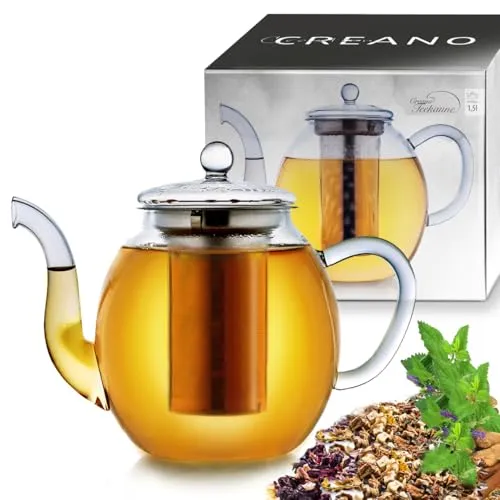 Creano Teekanne aus Glas 1,5l mit Edelstahl-Filter - Teekocher aus hitzebeständigem Borosilikatglas, ideal für lose Tees und 100% tropffrei für den perfekten Genuss.