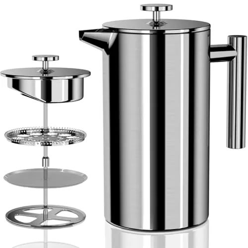 VOSFEEL French Press 1000ml/34oz Edelstahl Kaffeebereiter Doppelschichtig isolierte Kaffeepresse mit Wärmeerhaltungsfunktion Für Familientreffen, Büros, Camping