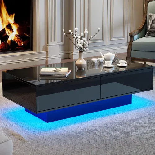 Moderner Hochglanz Couchtisch mit LED-Beleuchtung und 2 Schubladen 115x55x34 cm