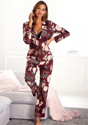 S.OLIVER Damen Pyjama Gr. 32/34 - Bordeaux Geblümt - Eleganter Pyjama in klassischem Stil, aus 50% Baumwolle und 50% Viskose, mit langen Ärmeln und elastischem Bund. Ideal für gemütliche Nächte und entspannte Homewear.
