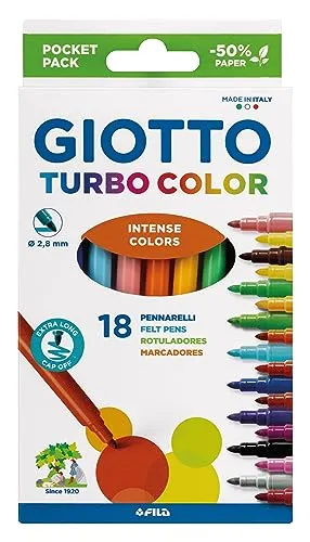 Giotto Turbo Farbe F073400 - Abwaschbare Fine Point Marker Multicolour 18pcs - Kreatives Zeichnen leicht gemacht! 18 abwaschbare Marker mit feiner Spitze, ideal für alle Altersgruppen und umweltfreundlich. Perfekt für Skizzen und Illustrationen.