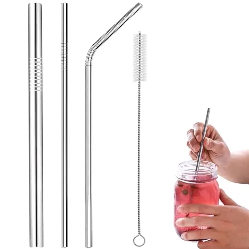 WOLMIK 304 Edelstahl Strohhalme Wiederverwendbar, 3 Metall Trinkhalme Im Set, Mit Reinigungsbürsten, Umweltfreundlich, Ungiftig, Waschbar, Ideal Für Smoothie, Milchshake