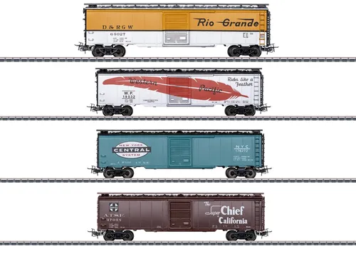 Märklin US Güterwagen Set Tin Plate Box Car 4-er Set - Güterwagen der Epoche III (1949 - 1970), limitierte Auflage, detailgetreue Nachbildung aus Metall, ideal für Modelleisenbahnen im Maßstab 1:87.