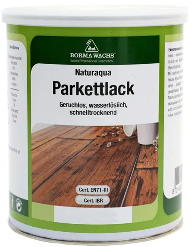 BORMA Treppen- und Parkettlack Parkettlack auf Wasserbasis - 1 Liter, Seidenglänzend 60, Geruchsarme Rezeptur und gleichzeitig hoher Strapazierfähigkeit