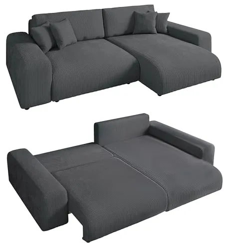 luma-home Ecksofa 21006 mit Schlaffunktion - Ecksofa mit Schlaffunktion und Bettkasten, trendiger Cord-Bezug in Grau, ideal für kleine Räume und Gästeübernachtungen.