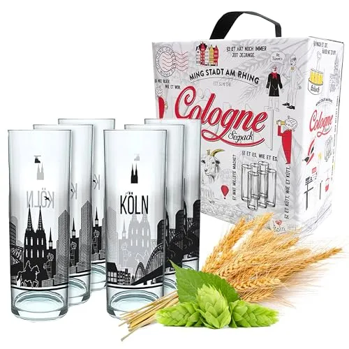3forCologne Kölschglas 6er Pack bunt 0,2ml - Kölner Stangen mit Grundgesetz - Biergläser für das kölsche Lebensgefühl: 6 hochwertige Gläser mit Kölner Grundgesetz, ideal für Kölsch und andere Getränke, geliefert in einer eleganten Geschenkbox.