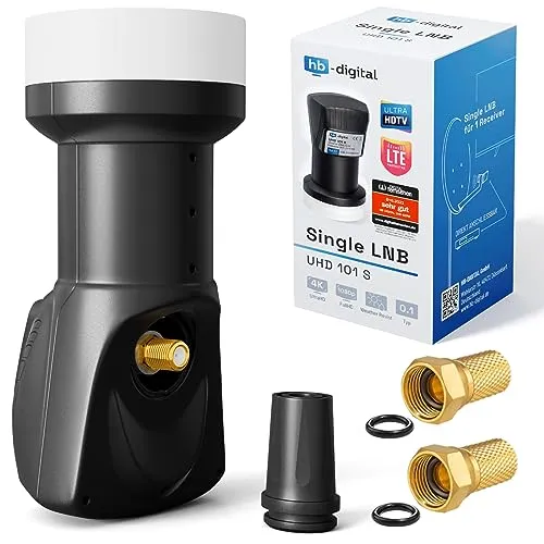 hb-digital Single LNB - Test SEHR GUT* - für 1 Teilnehmer LTE Filter 1-Fach Full HD 4K 0.1dB mit Wetterschutz + 2X F-Stecker für TV Fernseher SAT Receiver Satellitenschüssel - Schwarz