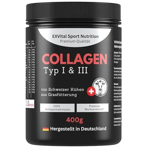 EXVital® Collagen Pulver von Schweizer Alpenkühen 400 g - Nahrungsergänzungsmittel für gesunde Haut, Haare und Nägel - hochwertiges Collagenpulver aus Schweizer Alpenkühen, rezeptfrei und ideal zur Unterstützung der Hautelastizität.