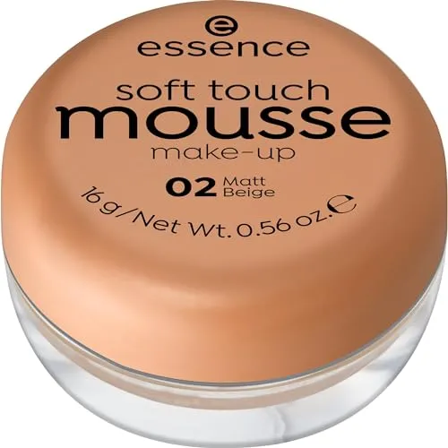 essence soft touch mousse make-up, Make-up, Nr. 02, Nude, mattierend, matt, für unreine Haut, für Mischhaut, vegan, ohne Parfüm, ohne Alkohol, ohne Parabene, 1er Pack (16g)