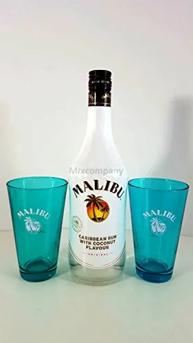 Malibu Caribbean Rum/Likör 0,7l 700ml (21% Vol) + 2x Gläser 2cl geeicht, Hellblau