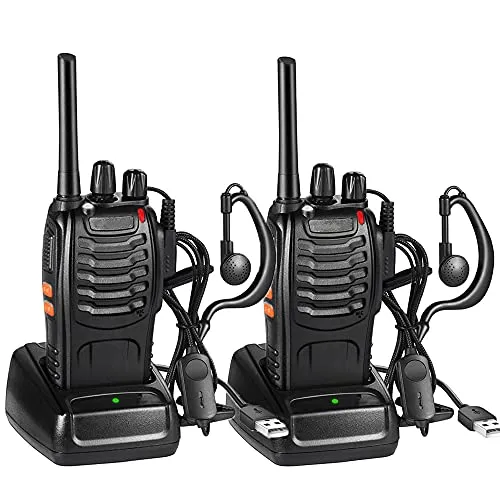 JUAUO Professionelles Walkie Talkie für Erwachsene, Wiederaufladbarer Walkie-Talkies 16 Kanäle PMR446 Zwei-Wege-Funkgeräte mit Headset und USB-Ladestation für Camping, Wandern (Schwarz, 1 Paar)