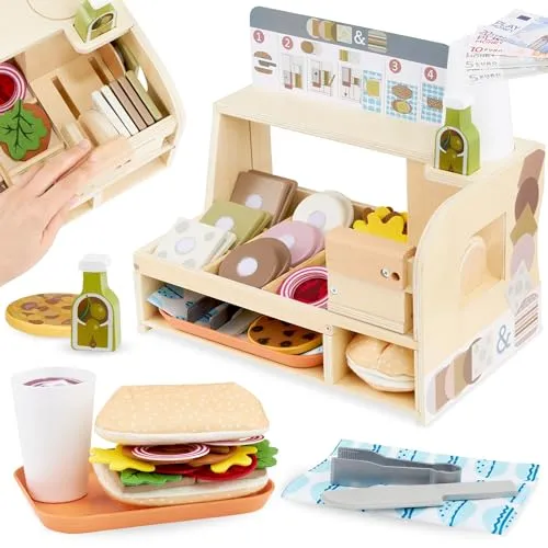 Mamabrum Sandwichbar Holzspielzeug - Kreatives Rollenspielset für Kinder - Spielzeug-Lebensmittel – Fördert Kreativität und motorische Fähigkeiten, ideal für fantasievolles Spielen ab 3 Jahren.
