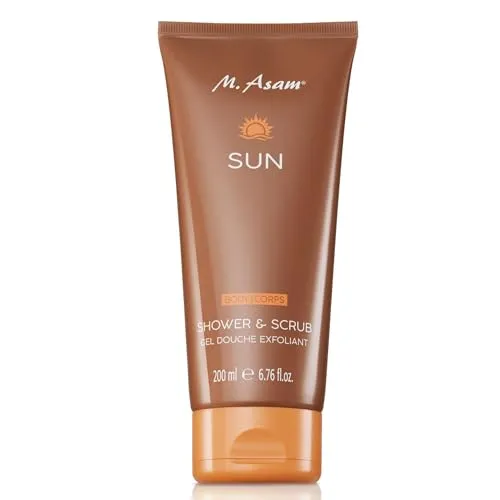 M Asam SUN Shower & Scrub Duschpeeling (200 ml) – 2in1: Duschgel & Körperpeeling Für Ebenmäßige Haut Vor Dem Sonnenbaden, Entfernt Zuverlässig Abgestorbene Hautschuppen, Vegane Körperpflege