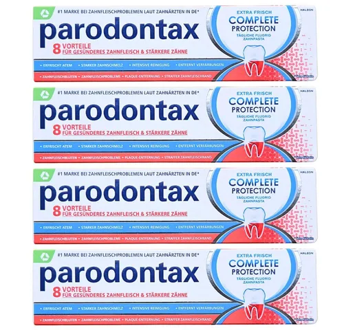 Parodontax Complete Protection Zahnpasta mit Fluorid, 4x75ml - Zahnpasta zur Reduzierung von Zahnfleischbluten, stärkt Zähne und Zahnschmelz, empfohlen von Zahnärzten für gesundes Zahnfleisch.