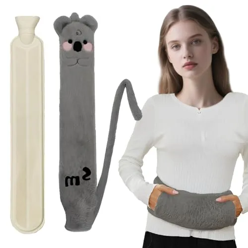 Lang Wärmflasche mit Bezug Flauschig, 2L Wärmflasche Groß mit Handwärmer, Grau Niedliche Tierformen Wärmegürtel und Werden, Auslaufsicher und Geruchlos Handwärmer für Rücken, Schulter und Unterleib
