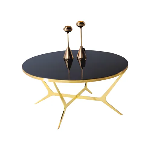 Eleganter Goldfarbener Couchtisch für Wohnzimmer - Moderner Couchtisch in Gold, rund mit Glasplatte. Maße: 90 x 90 x 43 cm. Ideal für stilvolle Wohnzimmergestaltung und bietet Platz für Getränke und Deko.