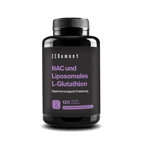 NAC mit liposomalem L-Glutathion – Fortschrittliche Formel mit N-Acetylcystein und Glutathion mit hoher Bioverfügbarkeit – Vegane magensaftresistente Kapseln – 120 Kapseln, 4 Monate – Zenement
