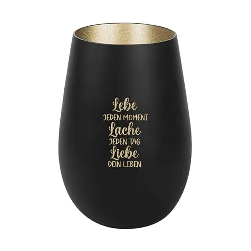 Der-Porzellan-Laden Windlicht mit Gravur Lebe jeden Moment Lache jeden Tag, Schwarz Gold, Teelichthalter aus Glas mit Spruch, Tischdeko modern