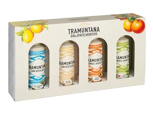 TRAMUNTANA Gin & Spritz Probierset – 4x 100ml mit Goldverzierung – 1x Original Dry, 1x Mediterranean Citrus-Gin, 1x Orange Aperitivo, 1x Lime Hibiscus Aperitivo – Geschenk für Männer und Frauen