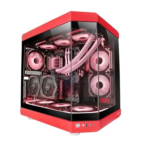 Mars Gaming MC-3T, Custom ATX-Gaming-Gehäuse, Triple Window Durchgehend Gehärtetes Glas, Volle Flüssigkeitskühlung, Dual Side Kamera, 3X Vertikale PCI Slots, USB-C und USB 3.0, Rot