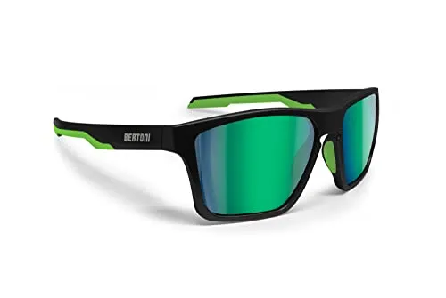 BERTONI Sport Polarisierte Sonnenbrille für Herren Damen in TR90 100% UV Block mod. Fulvio (Matt Schwarz/Grün - Polarisierte Grüne Spiegel Linsen)